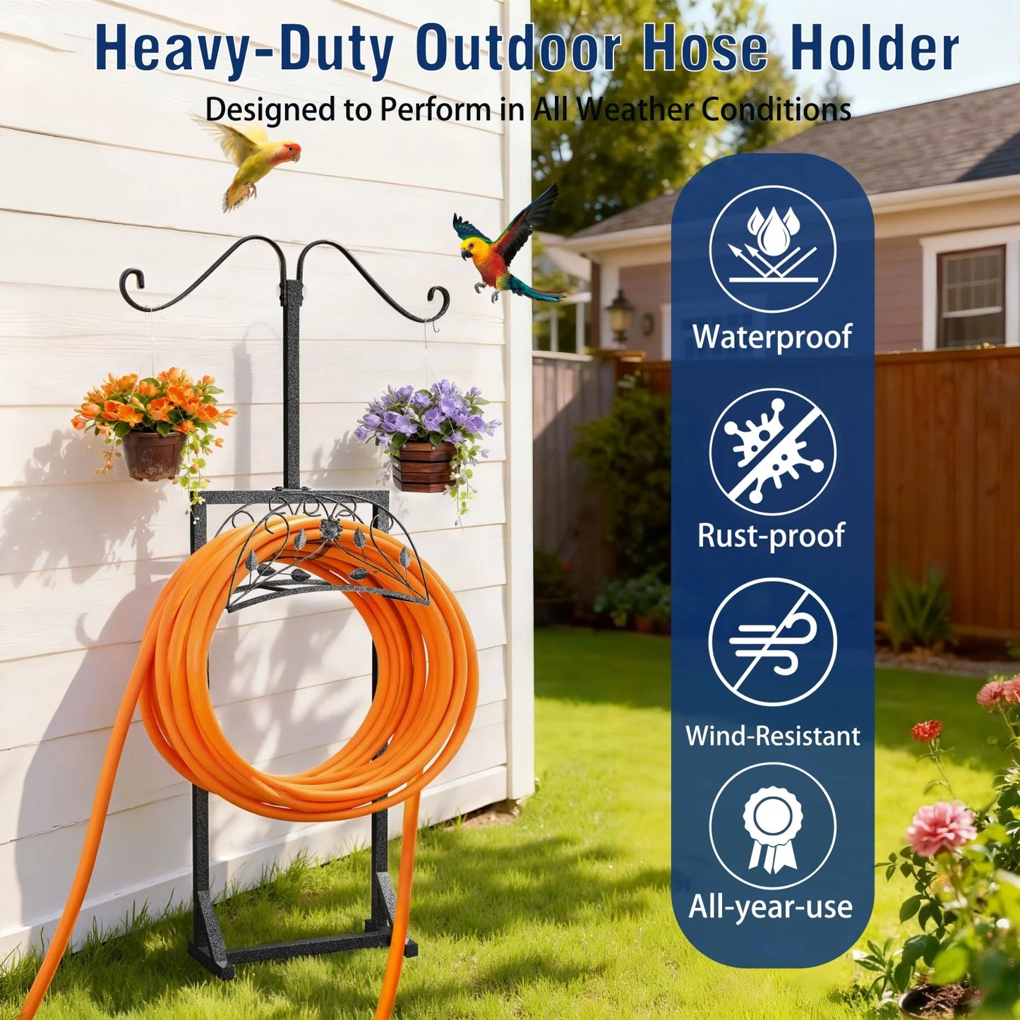 Freestanding Heavy Duty Garden Hose Holder With Spikes And Hooks