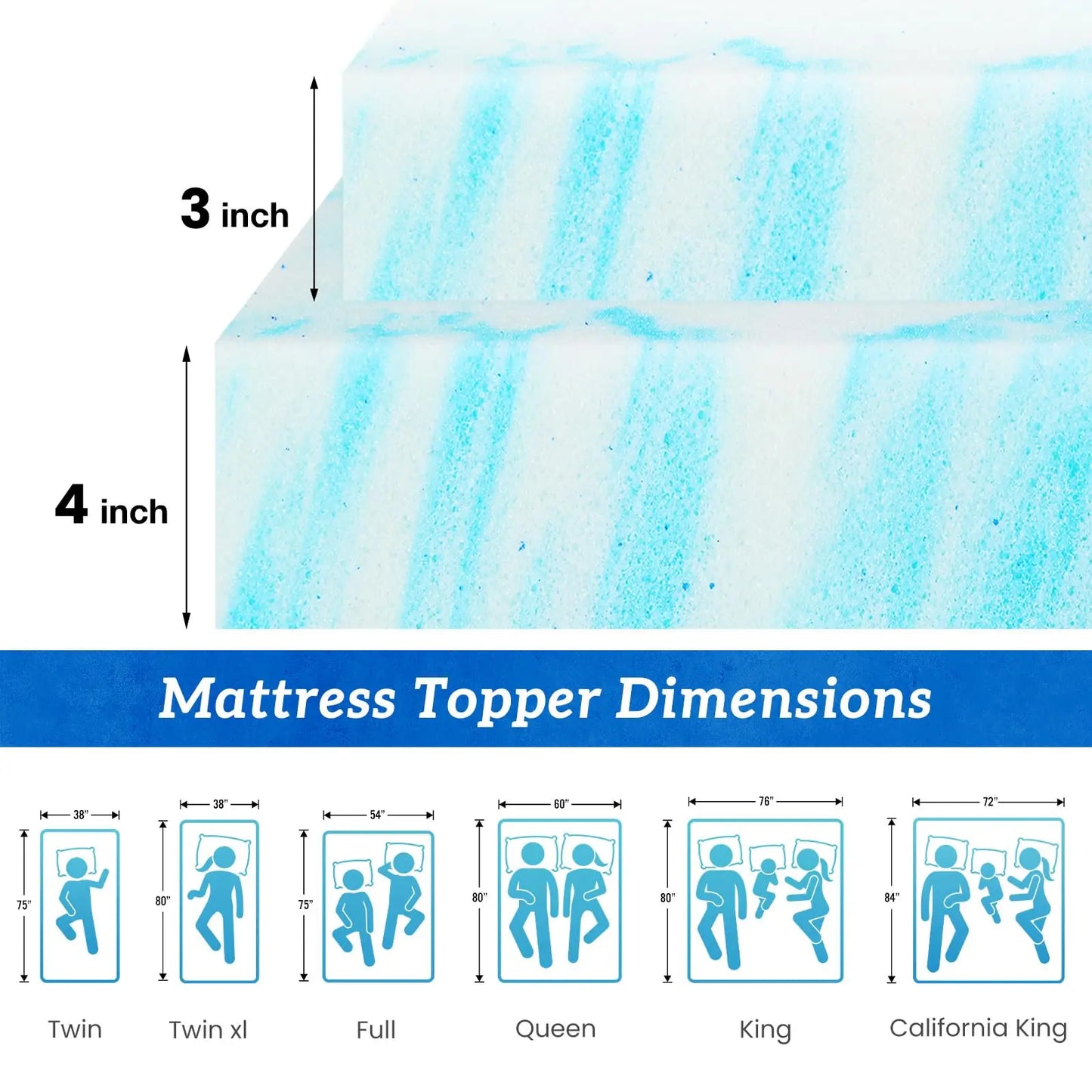 JHK Gel Memory Foam Mattress Topper Cooling For Bed Comfort