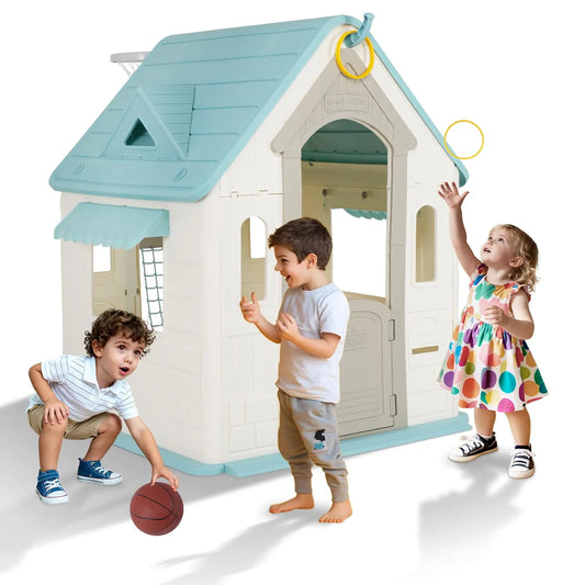 Twister Outdoor Playhouse Kids Cottage With Magnetic Dartboard And Basketball Hoop For Ages 3 To 6