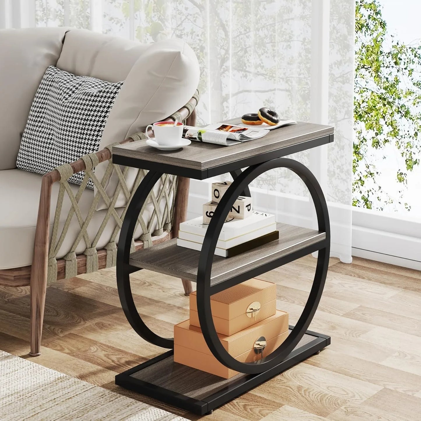 Little Tree End Table With 3 Storage Shelves Industrial Nightstand