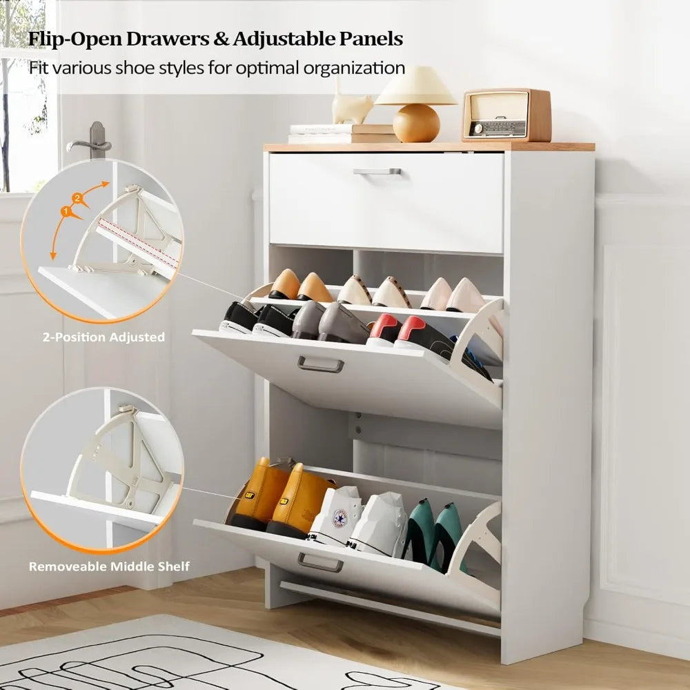 Ultra Slim Entryway Shoe Cabinet With Flip Drawers And Drop Down