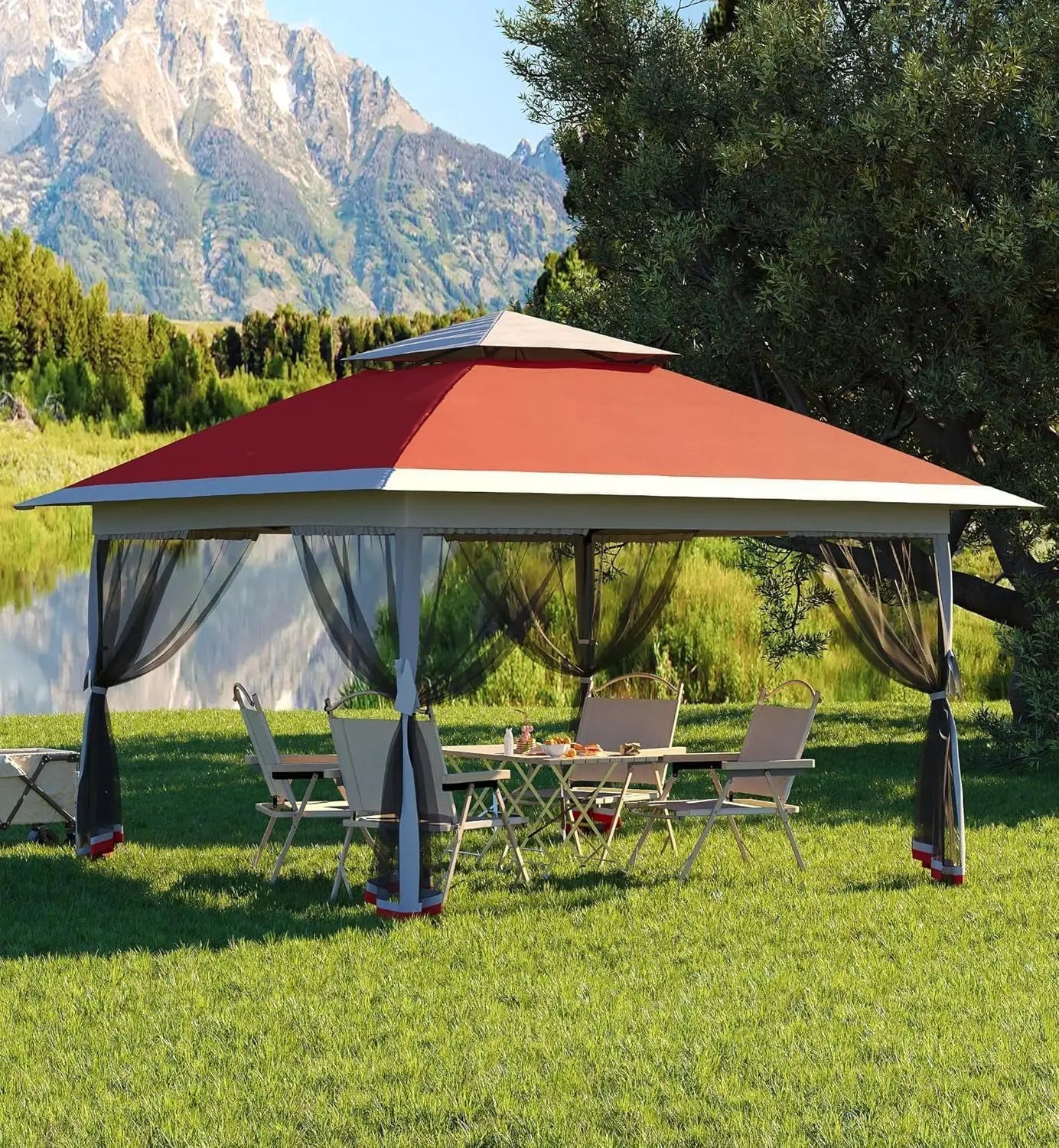 13x13 Ft Pop Up Gazebo With Cantilevered Eaves Awning And One Touch Roll Up Canopy Backyard Mosquito Netting