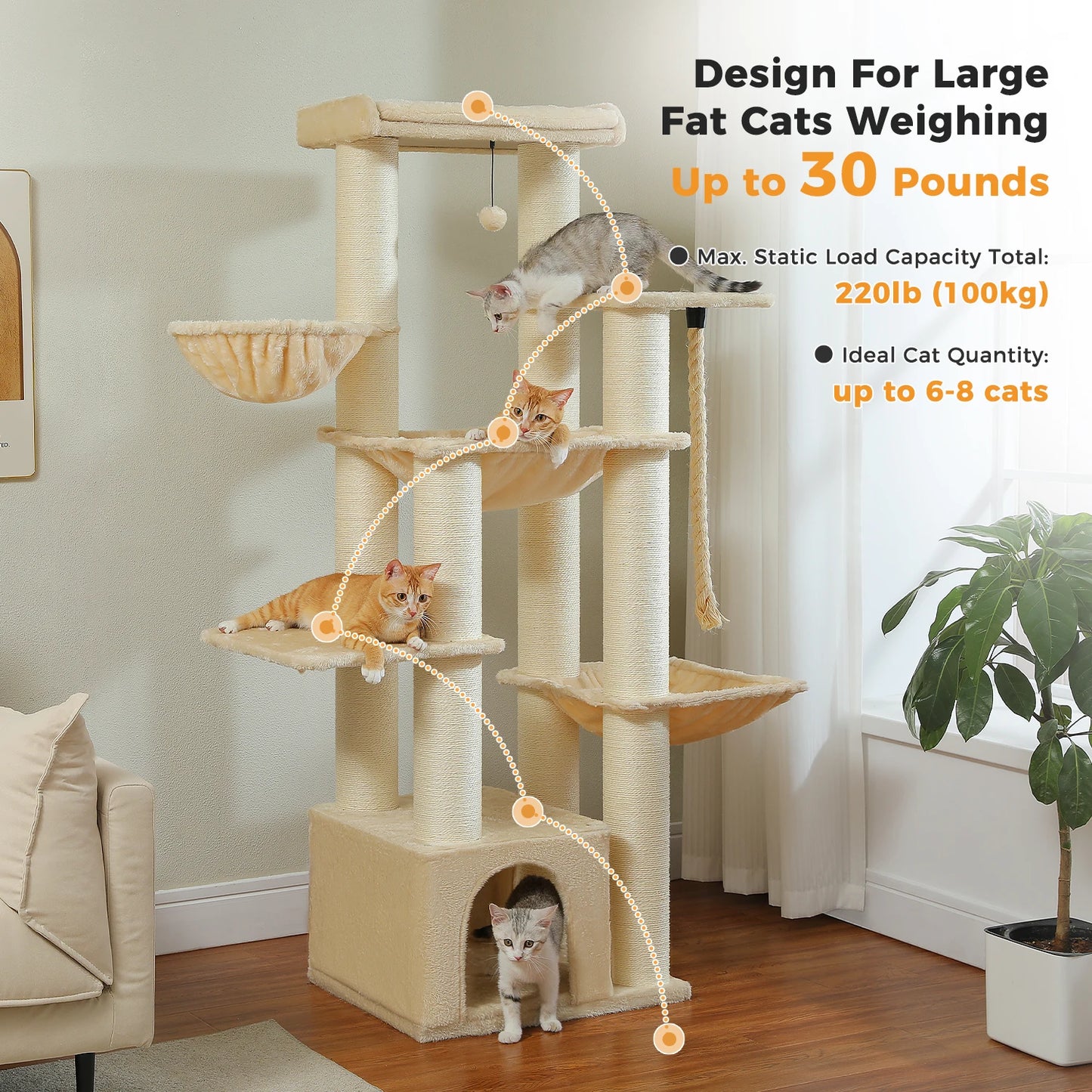 PAWZ Road Premium Large Cat Tree For Big Cats 170cm Tall Multi Level Cat House With Hammock And 11 Sisal Posts