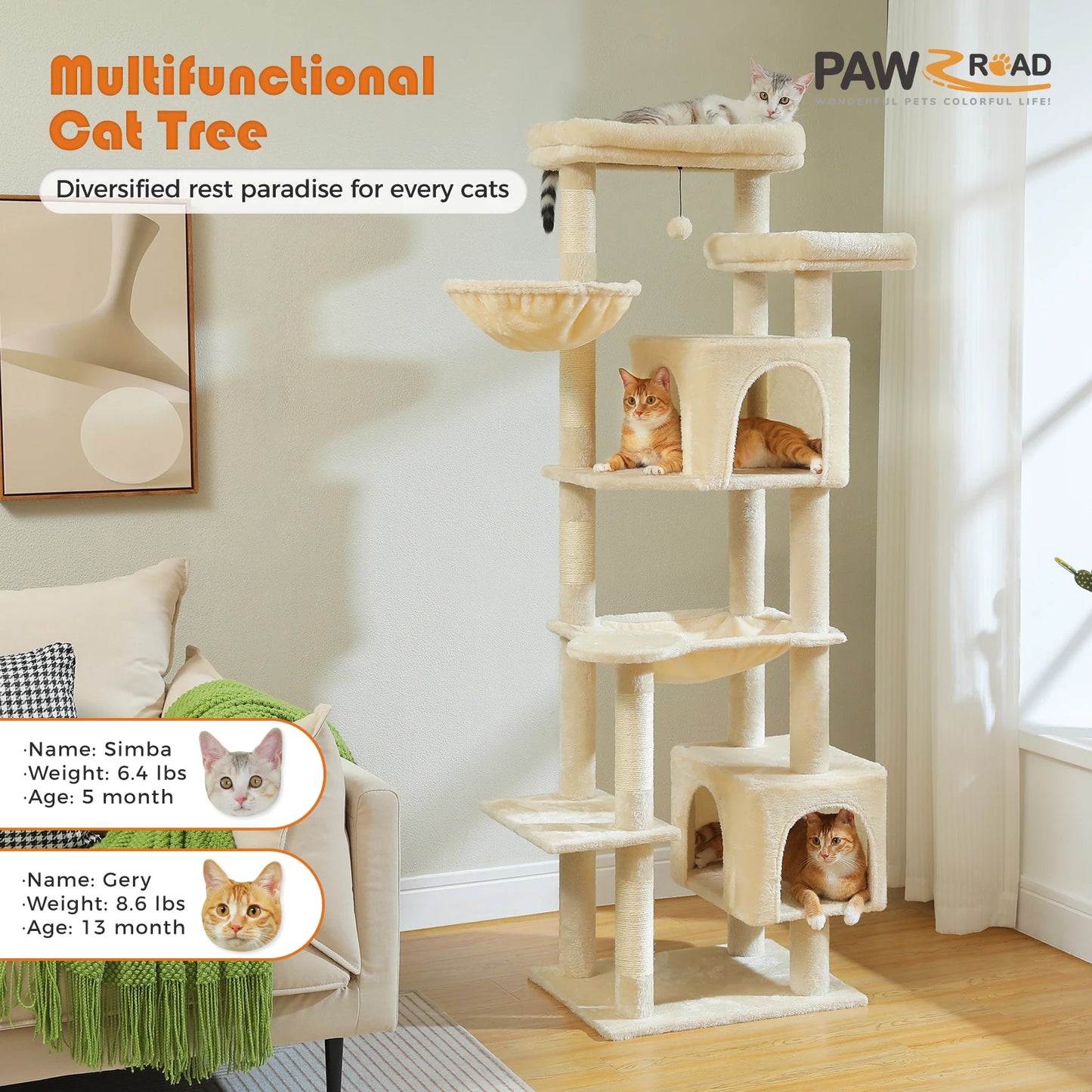PAWZ Road Tall Cat Tree For Indoor Cats Five Tier With Super Large Hammock And Scratching Posts