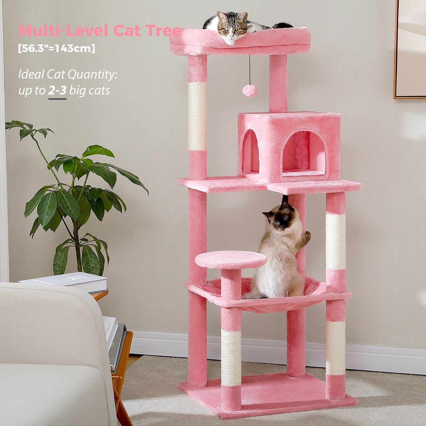 PAWZ Road Pink Multi Level Cat Tree For Indoor Cats With Large Hammock Sisal Scratching Posts Cozy Condo And Top Perch
