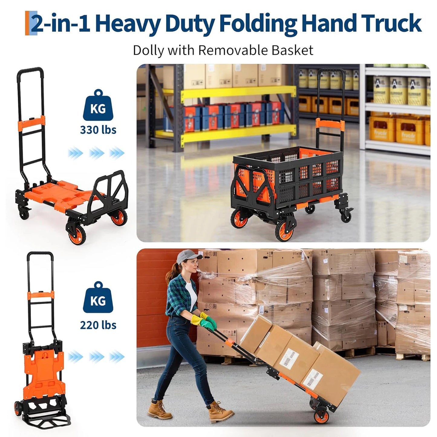 Heavy Duty 2 In 1 Folding Hand Truck Dolly Cart With Foldable Basket 330 Lb Capacity 4 Wheels For Travel And Office