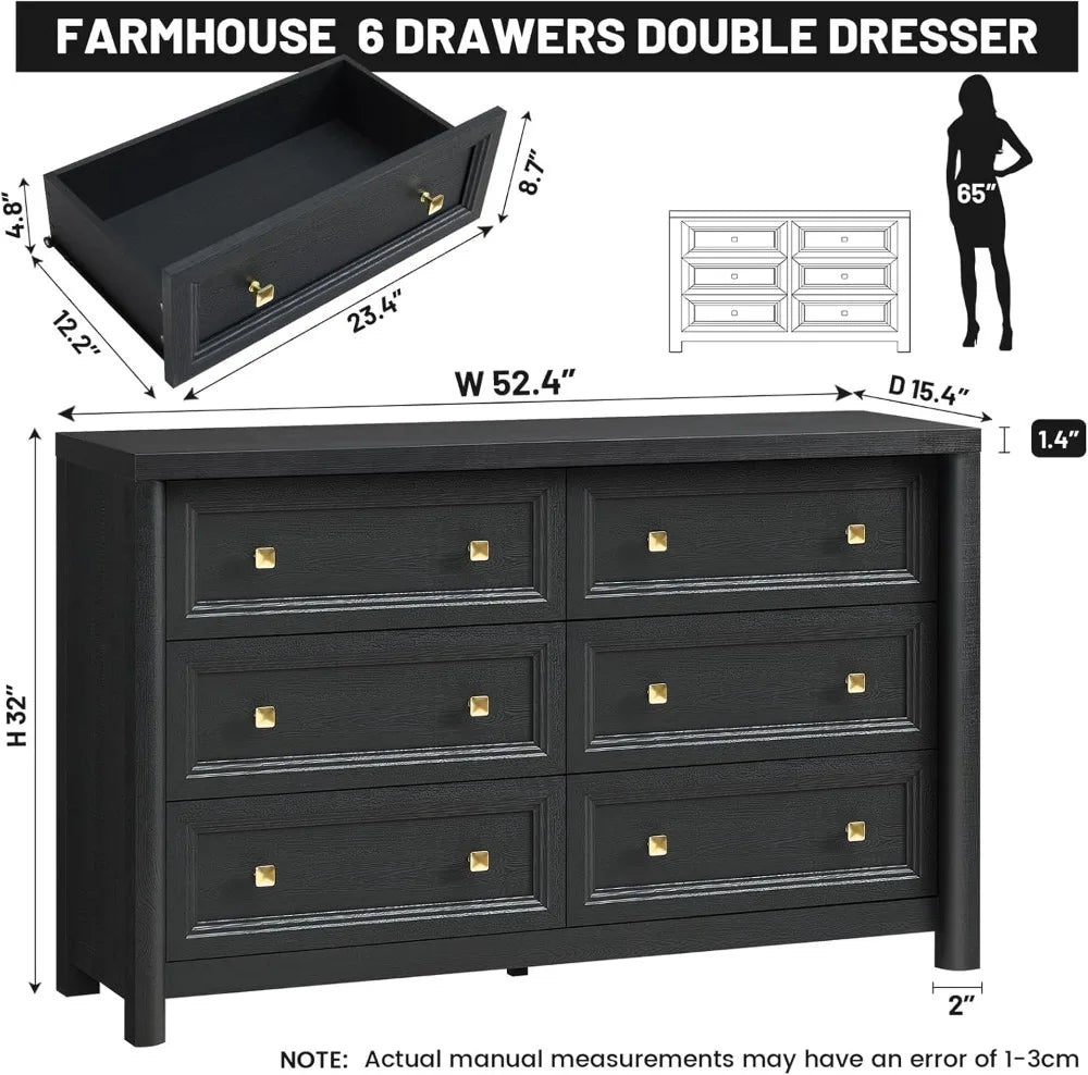 Farmhouse 6-Drawer Solid Wood Dresser For Bedroom Storage