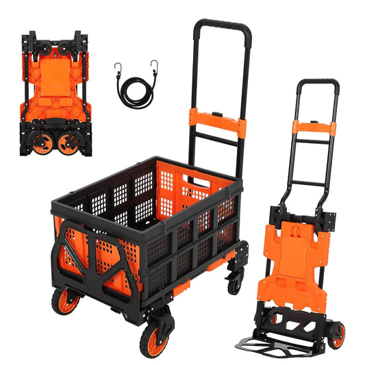 Heavy Duty 2 In 1 Folding Hand Truck Dolly Cart With Foldable Basket 330 Lb Capacity 4 Wheels For Travel And Office