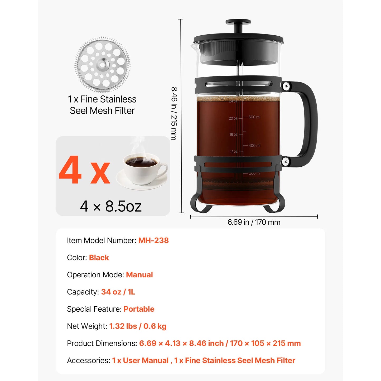 SucceBuy French Press Coffee Maker Portable Borosilicate Glass 34 Oz 1L With Stainless Steel Filter Camping Travel Home