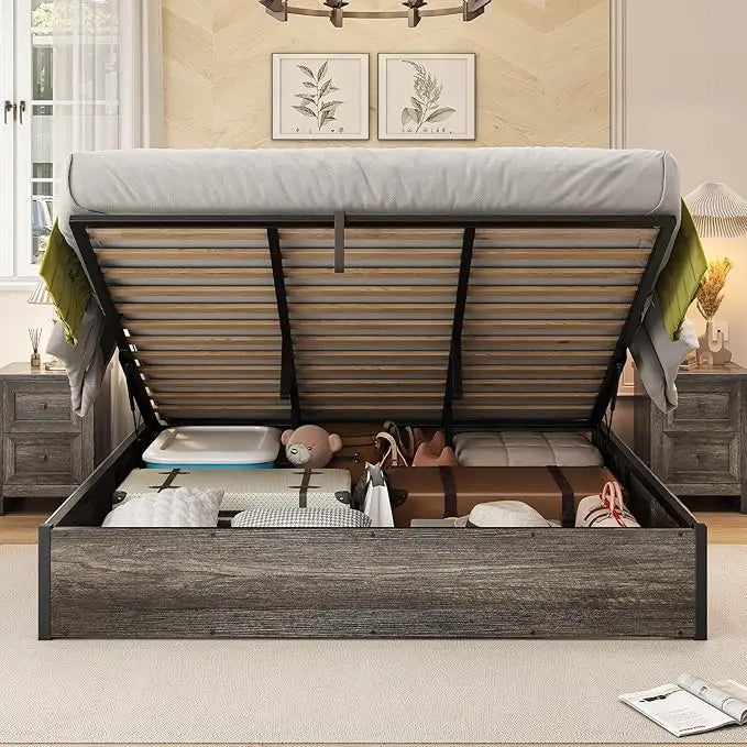 Lift Up Storage Bed Frame With Solid Wood Slats Platform