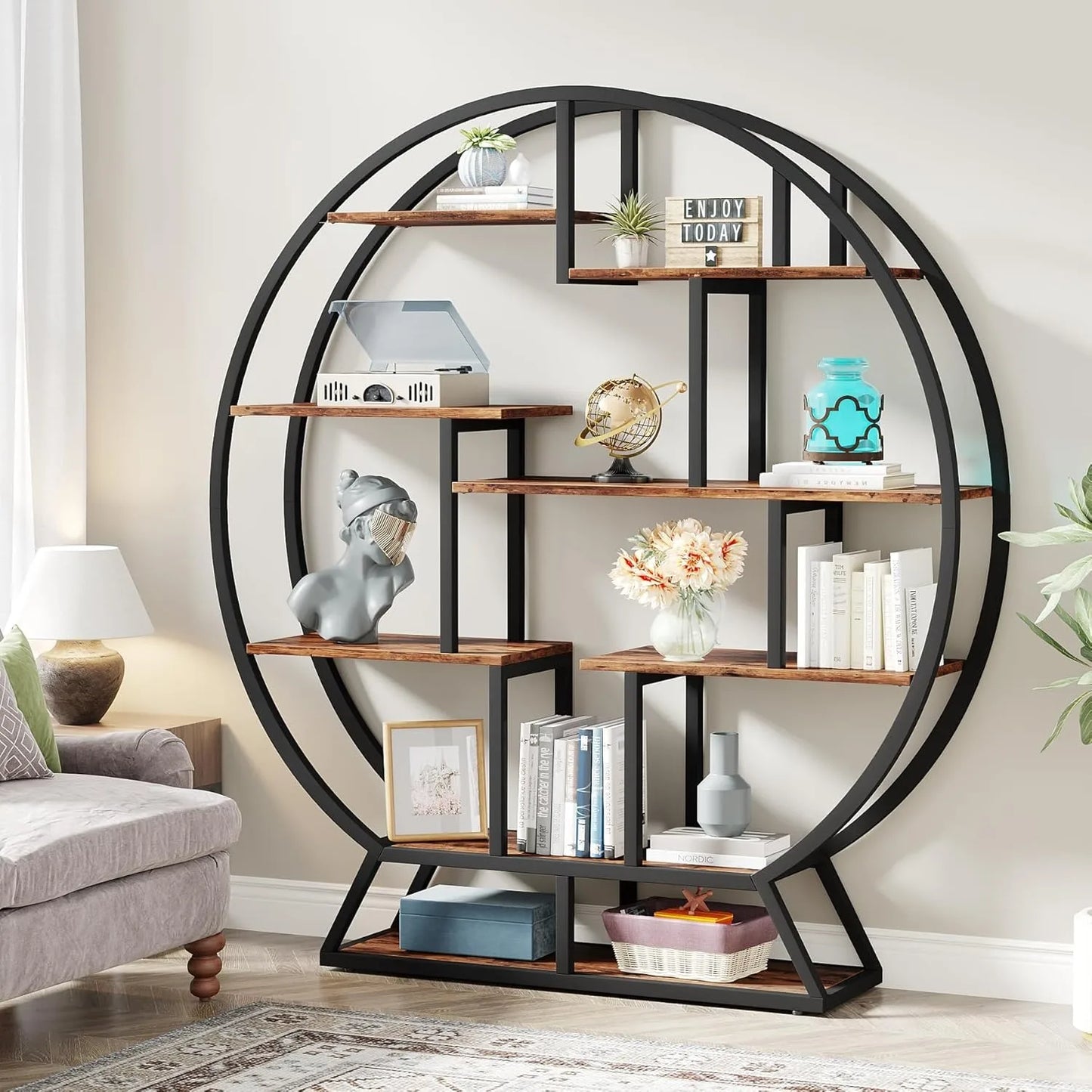 LITTLE TREE Industrial 5 Tier Round Bookcase Living Room