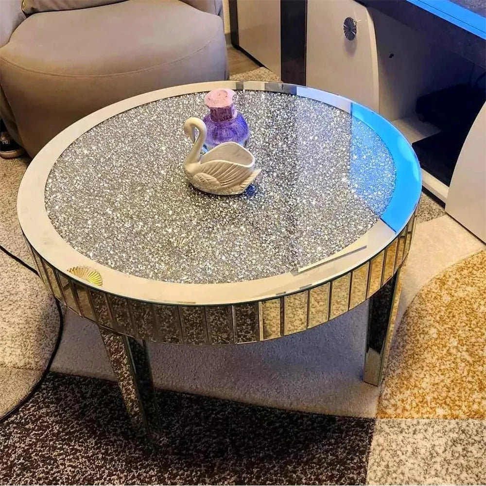 Round Mirrored End Table With Crystal Beveled Glass Edge