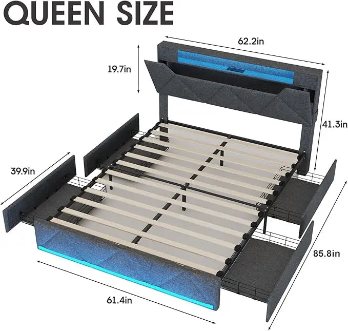 Full Bed Frame With Storage Headboard And Four Drawers