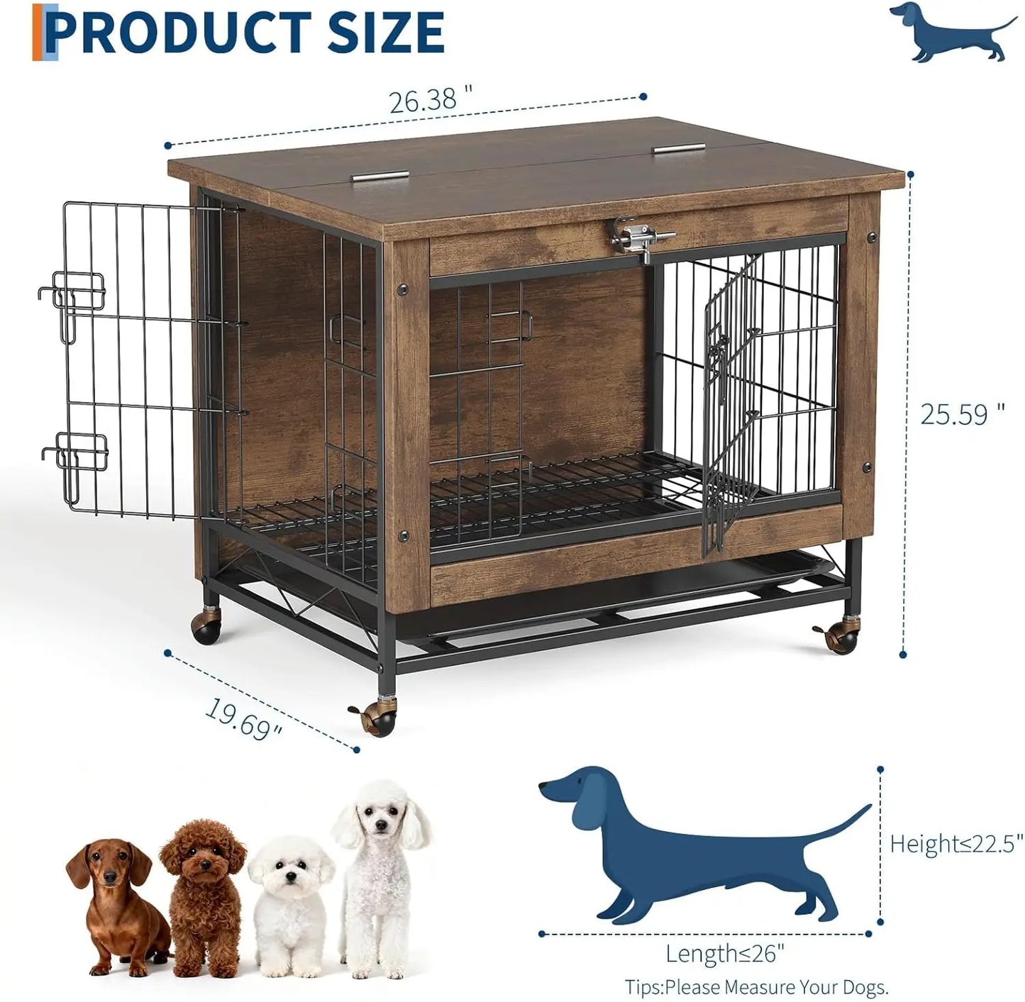 TWISTER.CK Indoor Wooden Dog Crate Furniture 26 Inch Double Door with Wheels Removable Tray for Small Dogs