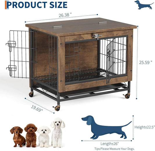 TWISTER.CK Indoor Wooden Dog Crate Furniture 26 Inch Double Door with Wheels Removable Tray for Small Dogs
