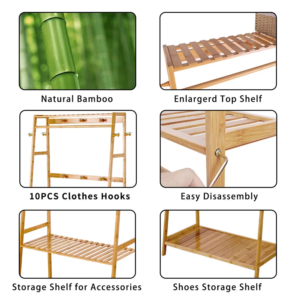 Bamboo Free Standing Garment Coat Rack With 10 Hooks