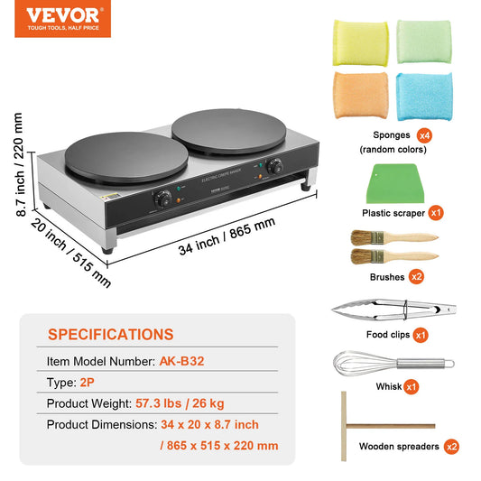 SucceBuy Commercial Crepe Maker 16 Inch Double Head For Foodservice With Temperature Control Nonstick Plate