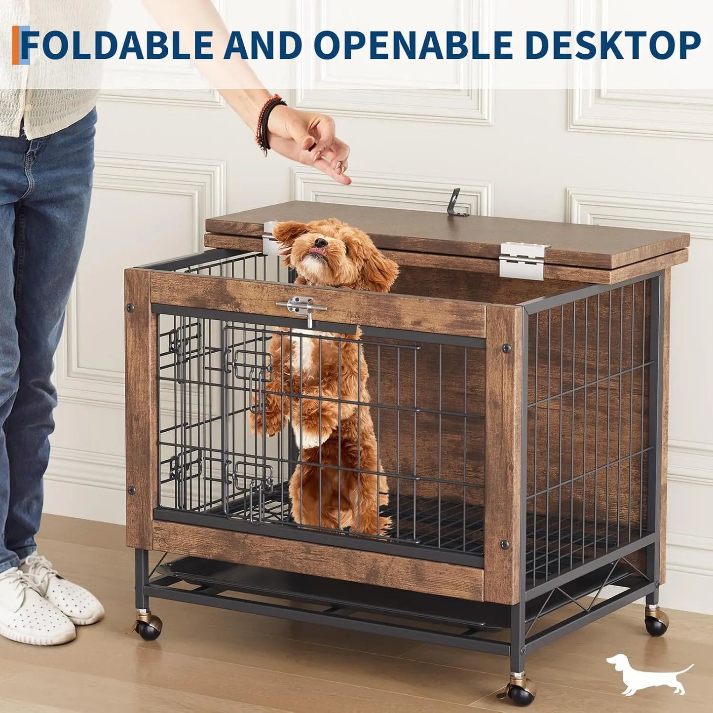 TWISTER.CK Indoor Wooden Dog Crate Furniture 26 Inch Double Door with Wheels Removable Tray for Small Dogs