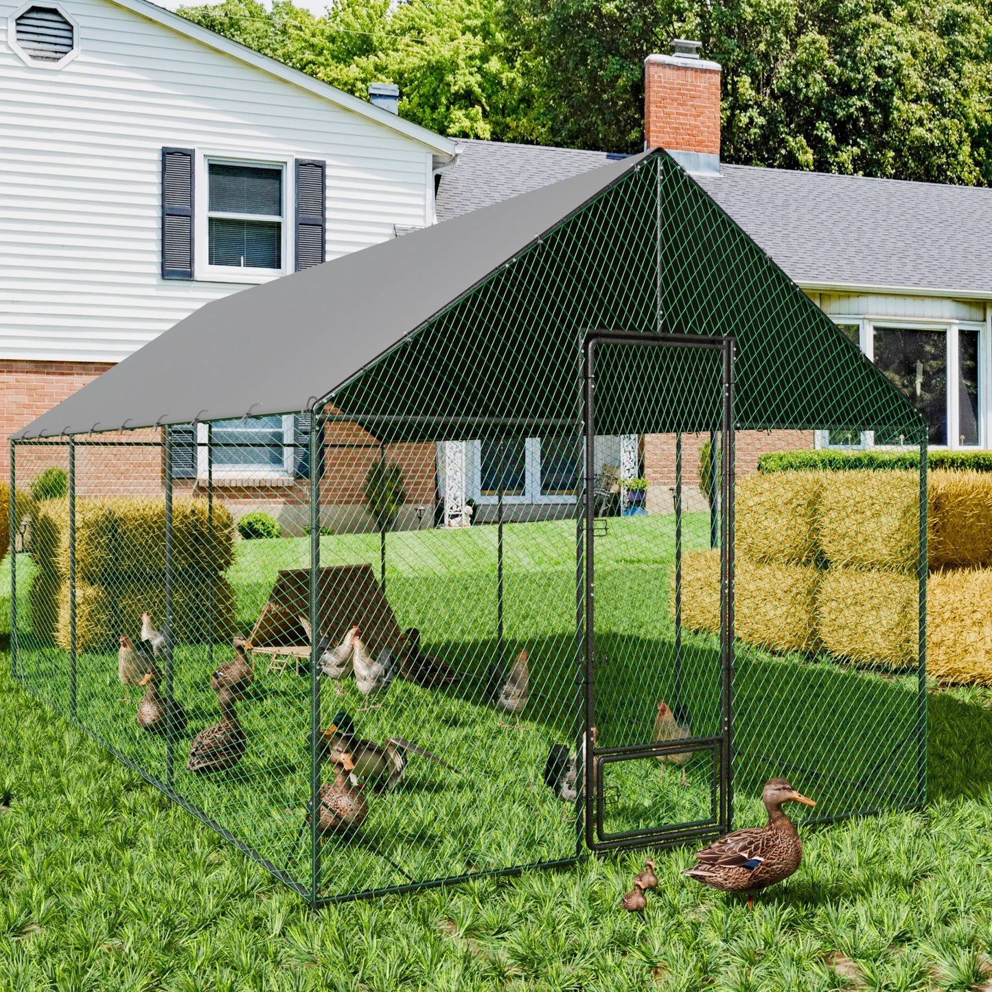 BINGOPAW Heavy-Duty Metal Chicken Coop With Cover And Netting