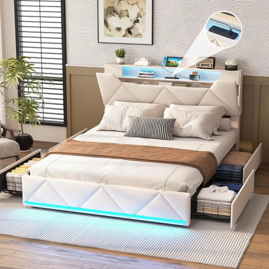 Full Bed Frame With Storage Headboard And Four Drawers