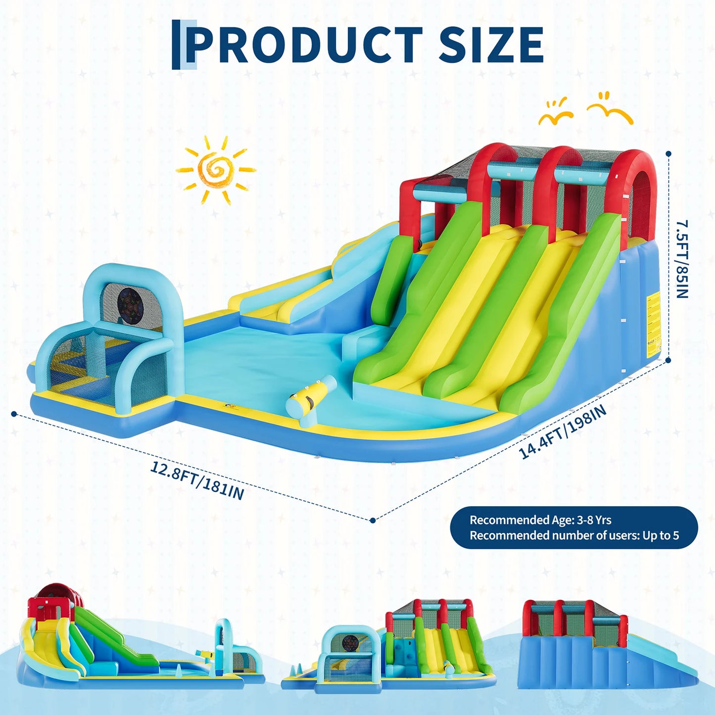 Inflatable Bounce Castle With Three Water Slides And Climbing Wall Splash Pool For Kids Backyard Indoor Outdoor