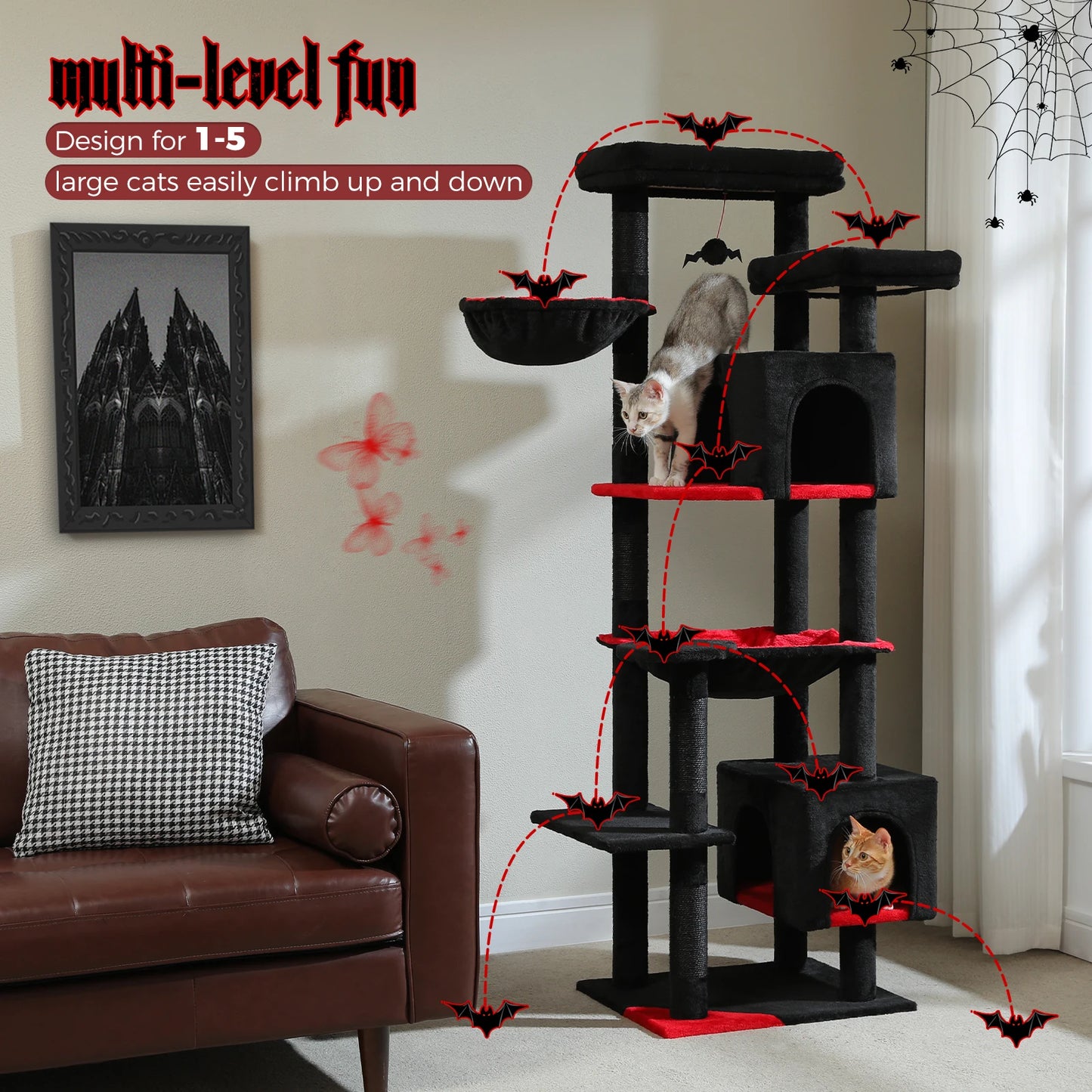 PAWZ Road Tall Cat Tree For Indoor Cats Five Tier With Super Large Hammock And Scratching Posts
