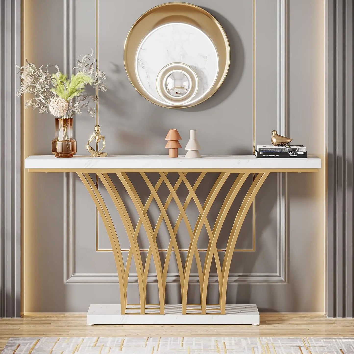 Little Tree Modern Console Table With Grid Metal Base Entryway