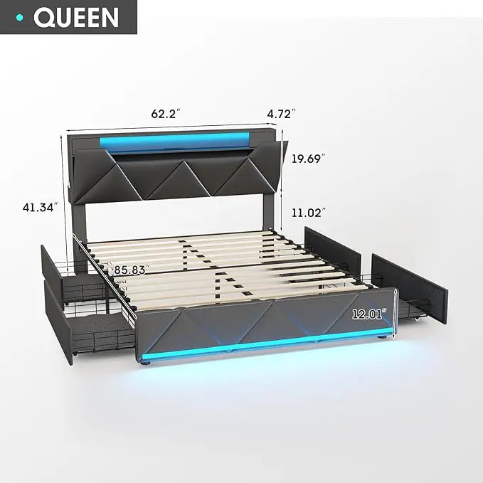 Full Bed Frame With Storage Headboard And Four Drawers