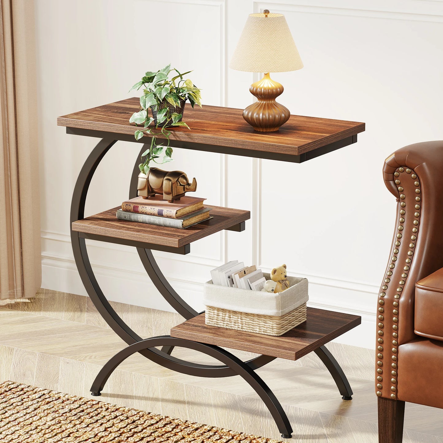 Tribesigns C Shaped End Table With Storage Shelves Industrial Style