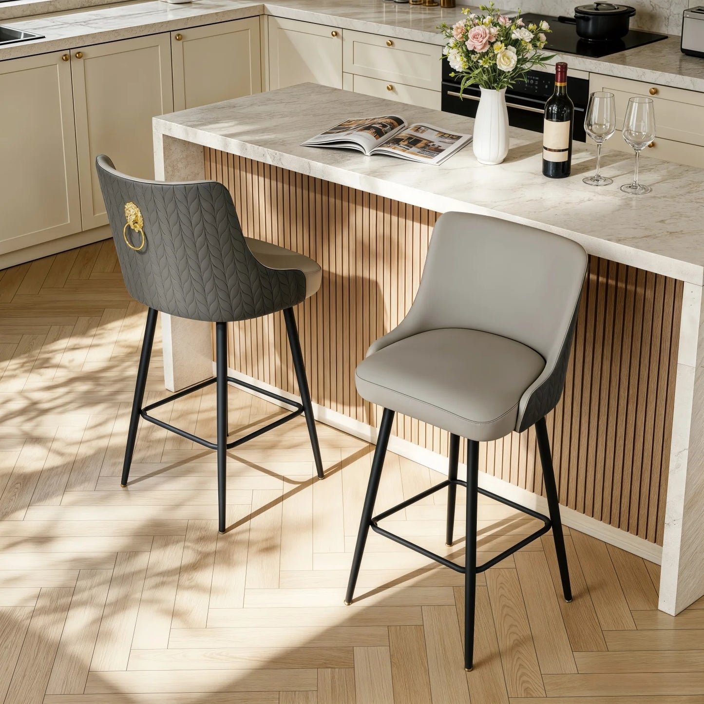 360 Degree Swivel Bar Stool High Back Footrest Microfiber Leather