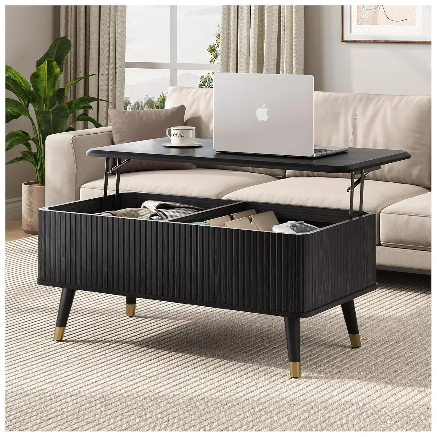 Round Coffee Table With Hidden Slidable Storage Door Modern Walnut