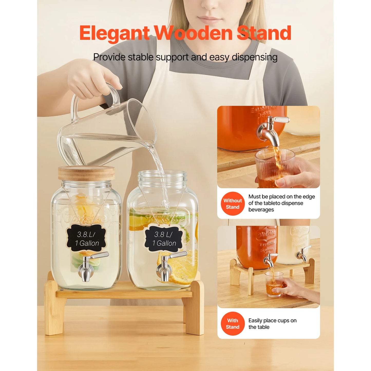 SucceBuy Glass Beverage Dispenser With Wood Stand For Parties Entertaining 8L Dual Pack
