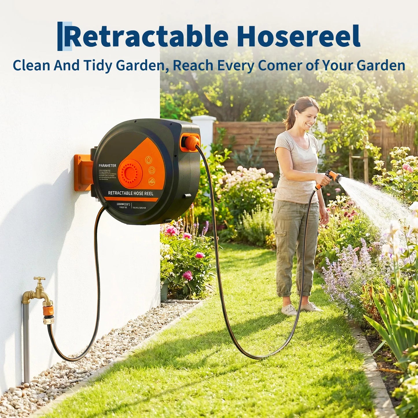 HiMISS Retractable Garden Hose Reel Wall Mounted Heavy Duty With 180 Degree Swivel Slow Retraction For Homeowners
