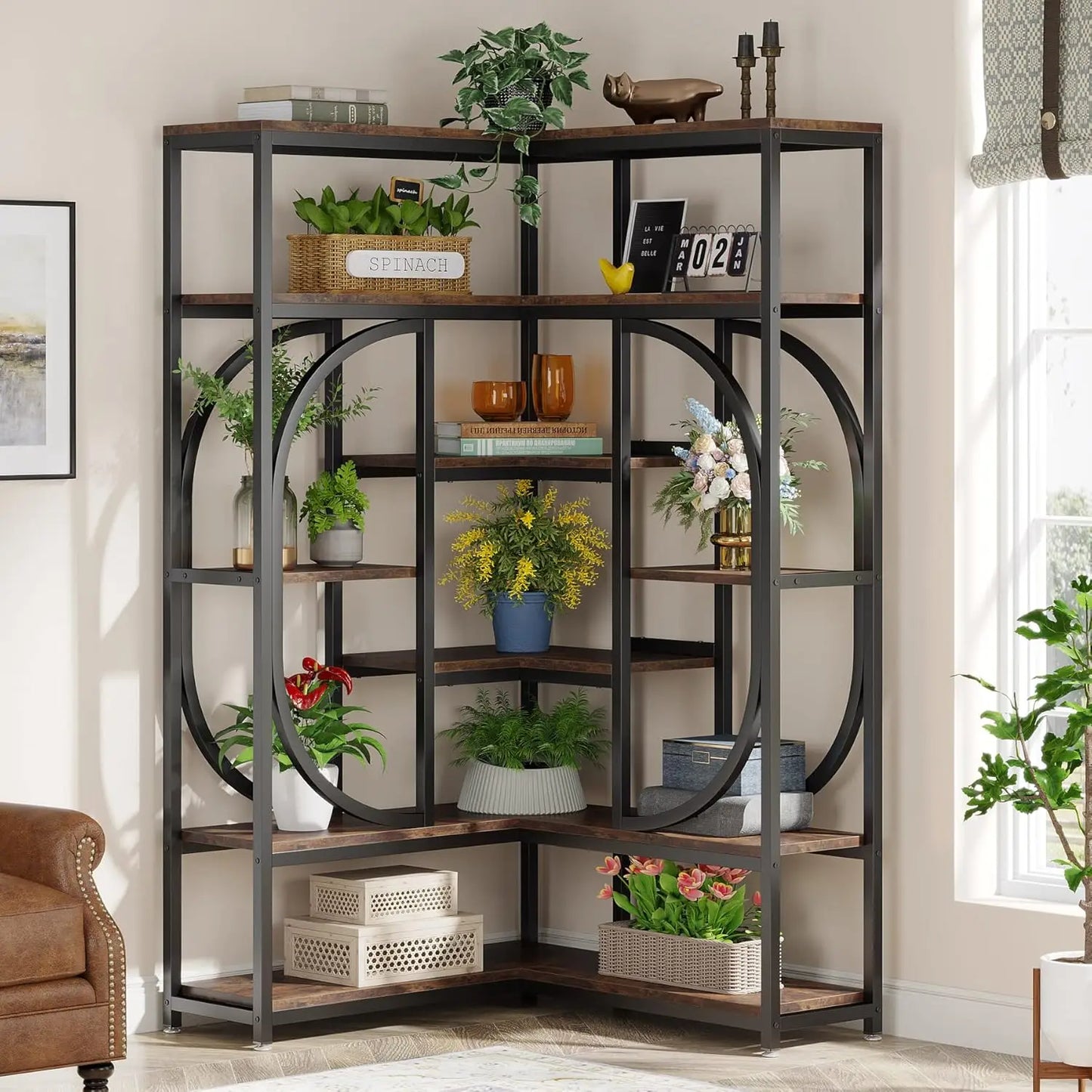 LITTLE TREE 7-Shelf Corner Bookshelf with Metal Frame