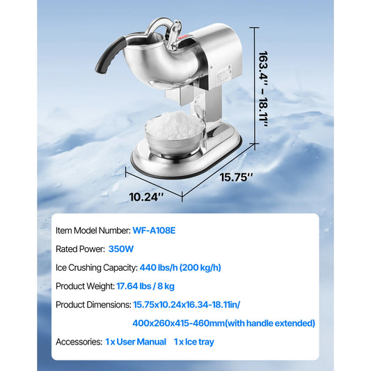 SucceBuy Ice Crusher Machine 440 Lb Per Hour 4 Blade Shaver For Home Use With Bowl And Cover 350W 1400RPM