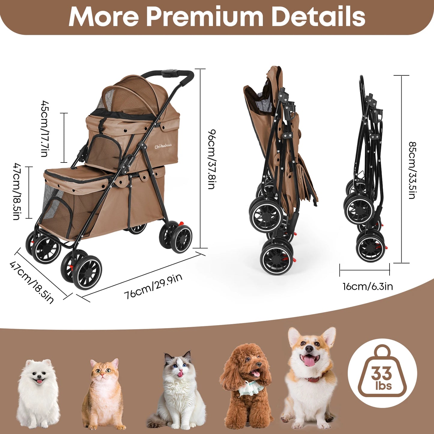 CHIHUAHUA Foldable Double Pet Stroller With Detachable Carriers Safety Belts