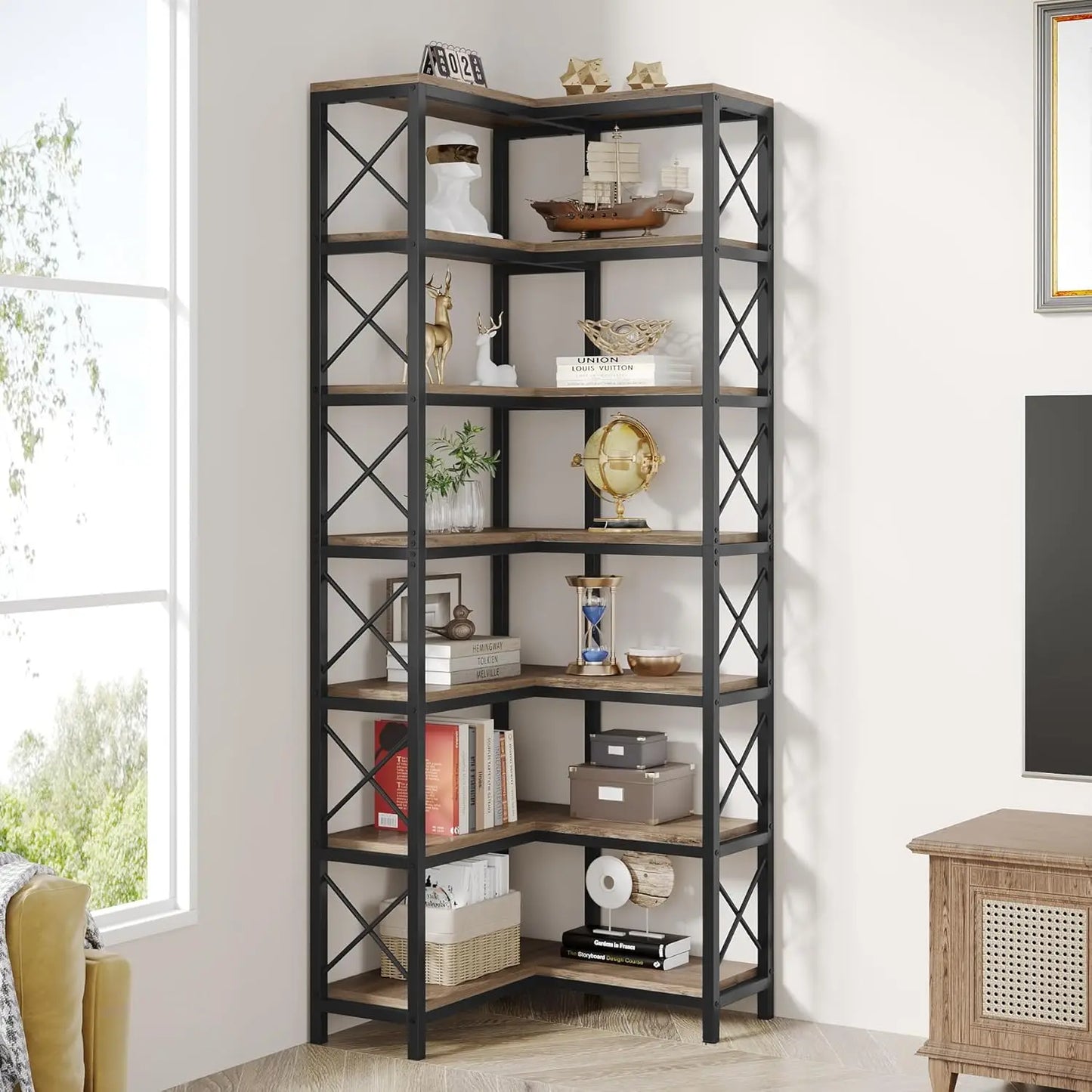 Little Tree 7 Tier Corner Bookcase With Open Metal Frame