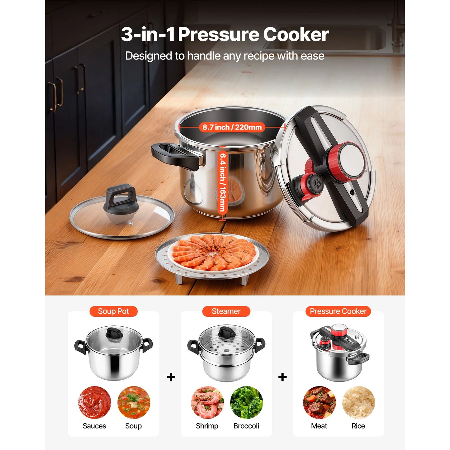 Pressure Cooker Stainless Steel With Steaming Rack Tempered Glass Lid
