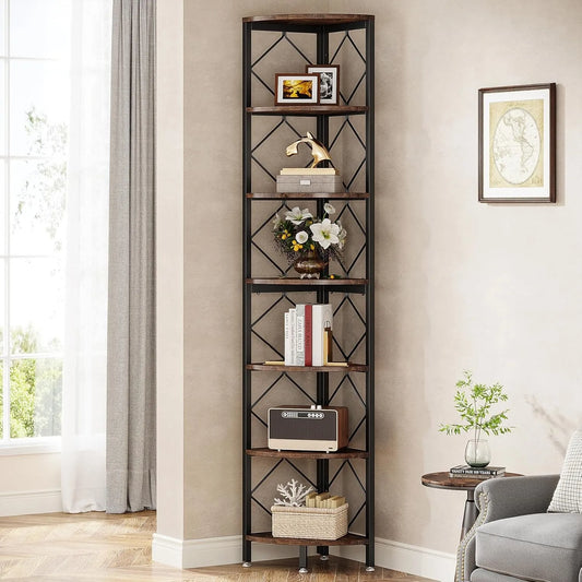 Little Tree 7-Tier Industrial Slim Corner Shelf Living Room Wood Storage Rack
