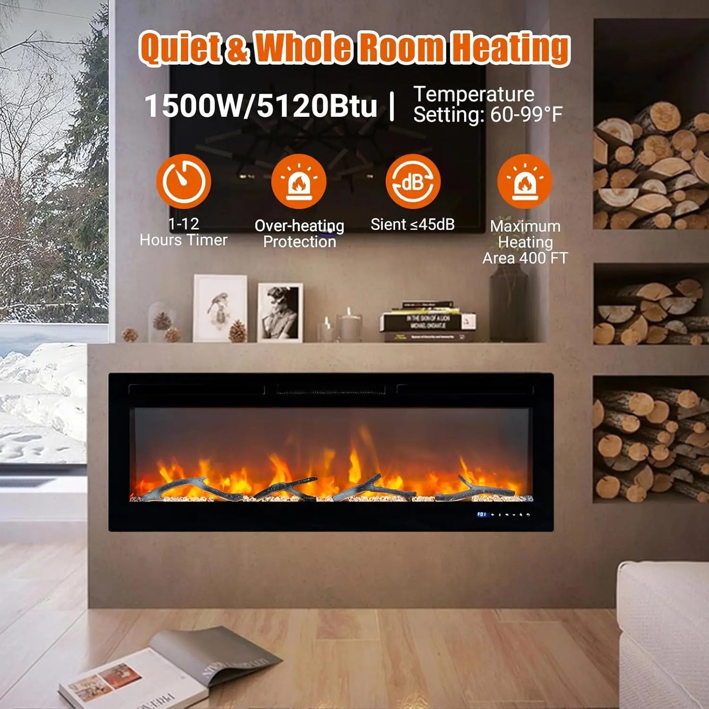 AceKool Smart Electric Fireplace Heater For Homeowners With Alexa And WiFi Remote Color Changing 750W And 1500W