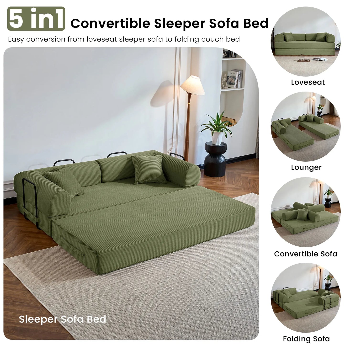 NONECN Folding Convertible Sofa Bed Corduroy Upholstered Couch