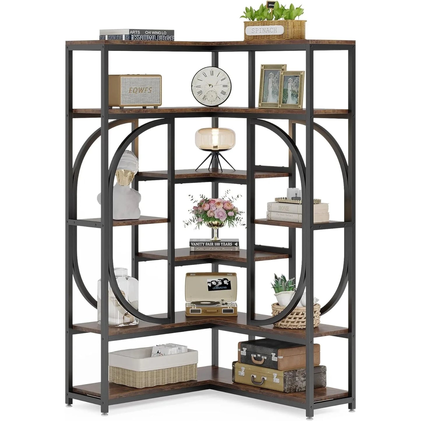 LITTLE TREE 7-Shelf Corner Bookshelf with Metal Frame