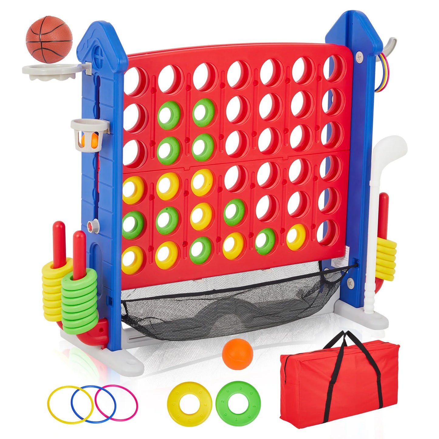 Giant 4 In 1 Outdoor Yard Game Set With Adjustable Height Basketball Hoop Ring Toss Connect Four For Family Fun