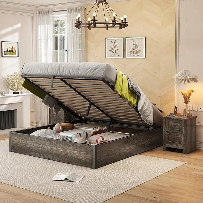 Lift Up Storage Bed Frame With Solid Wood Slats Platform