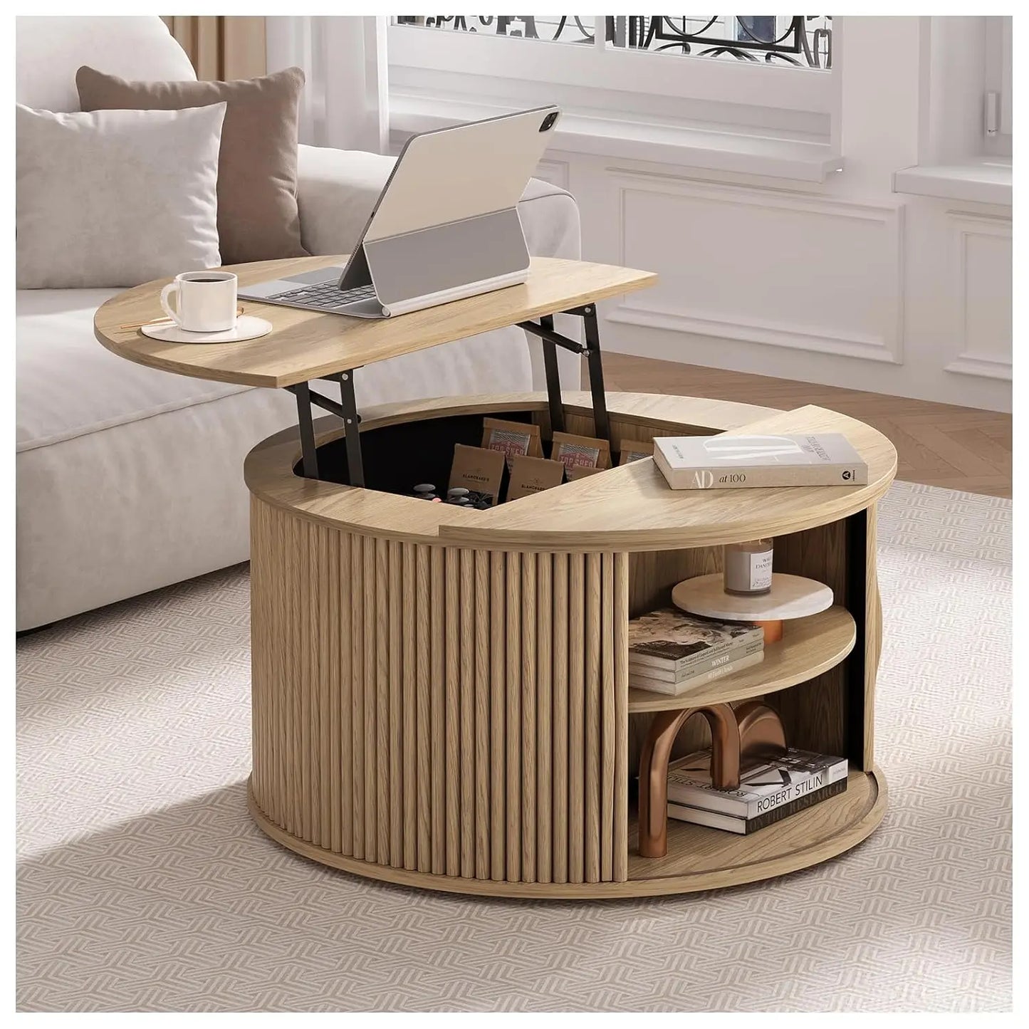 Round Coffee Table With Hidden Slidable Storage Door Modern Walnut