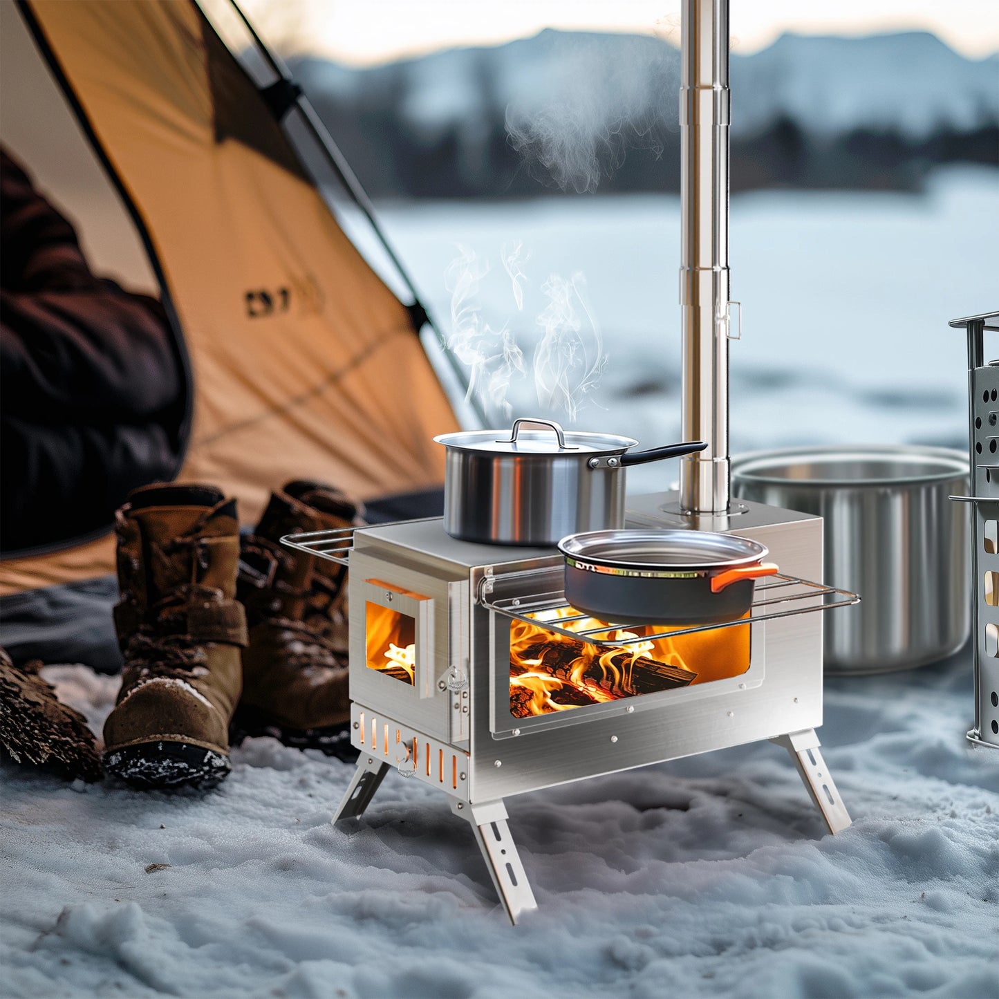Portable Camping Wood Stove Stainless Steel With 7 Chimney Pipes