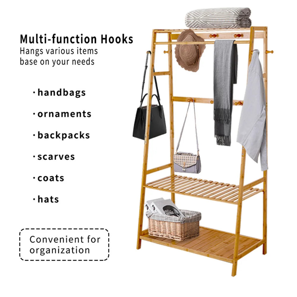 Bamboo Free Standing Garment Coat Rack With 10 Hooks