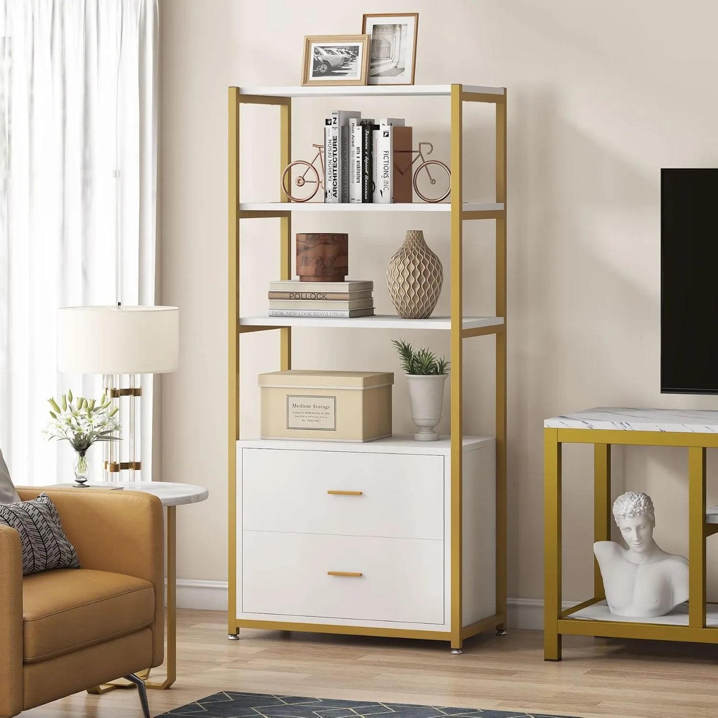 Little Tree 4-Tier Bookcase With Drawers Etagere Display Shelf