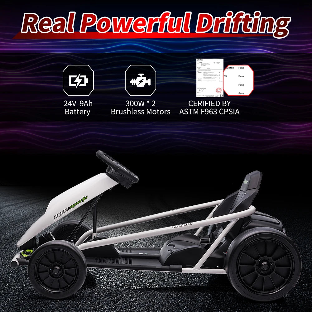 Electric Go Kart For Kids Ages 8 To 12 With Dual 300W Motors 8 MPH High Speed Ride On Racing Toy With Music Outdoor Fun Gift