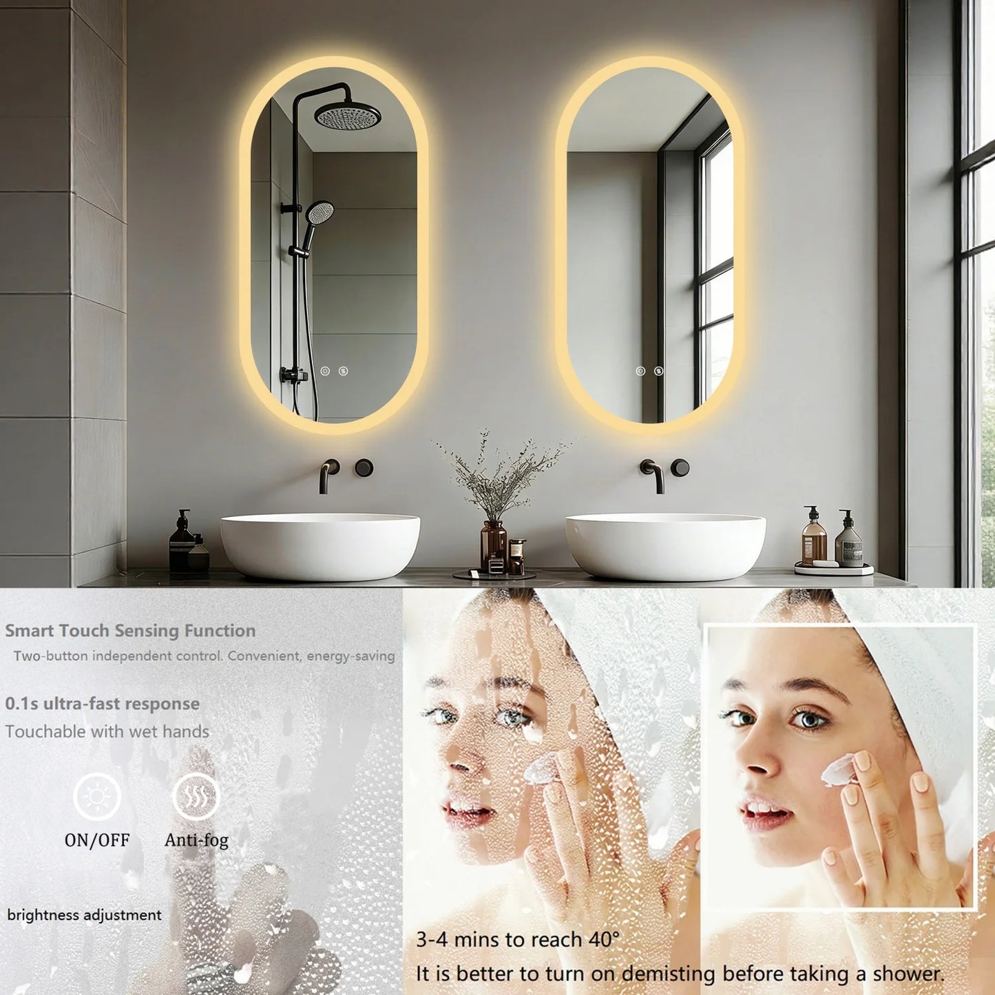 Illuminated Oval Bathroom Mirror With Backlit Tempered Glass Antifog Makeup